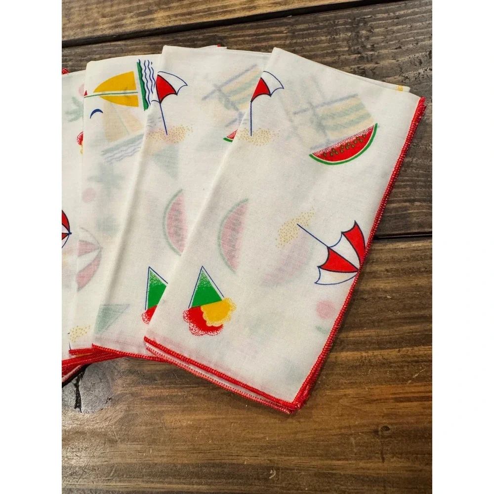 Vintage Summer Beach Napkins Set of‎ 8 Red Trim Watermelon Sailboat NOS 17x17